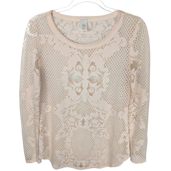 Cache Vintage Y2K Top Burnout Sheer Floral Net Design Cream Size Small - Picture 1 of 8